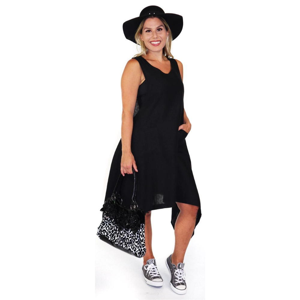 Linen & Gauze Asymmetrical Sleeveless Linen Black Dress (Women's) | Mar-Lou Shoes