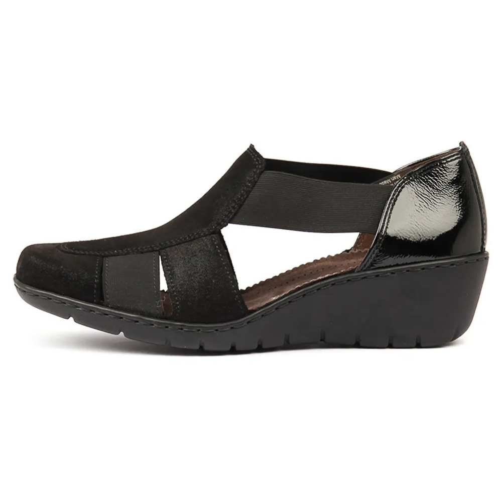 ARA Women's Santiago Ankle-Strap Wedge Sandal – Black Suede Flatform With Adjustable Hook & Loop Closure, HighSoft Comfort Technology