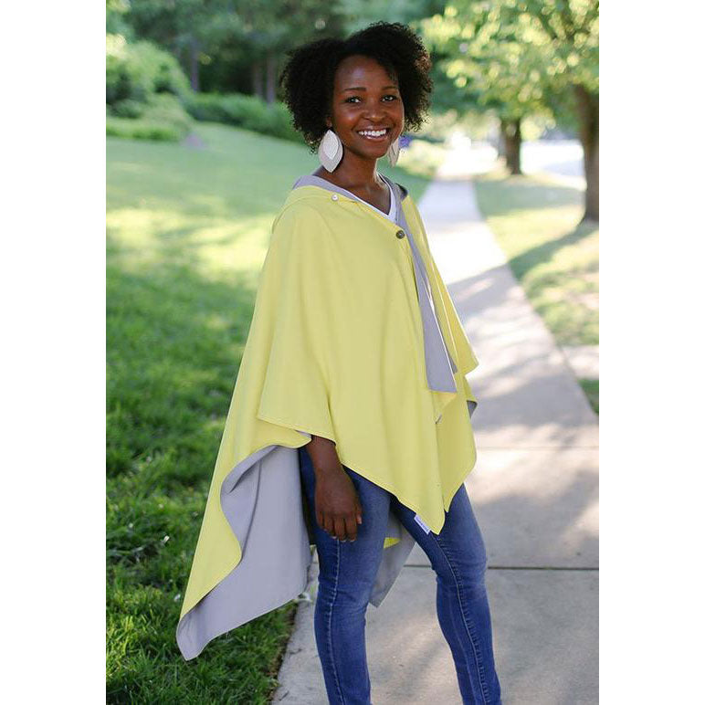 RAINRAP Hooded Yellow & Grey (WOMEN'S) | Mar-Lou Shoes model wearing the wrap outside with the yellow on the outside